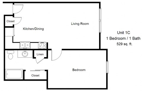 Floor plan for 1 bed, 1 bath, 529 sqft